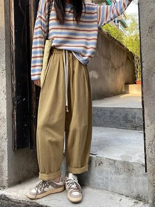 

Женские летние брюки-карго цвета хаки с широкими штанинами, на эластичной талии, укороченные, повседневные, в стиле Harlan