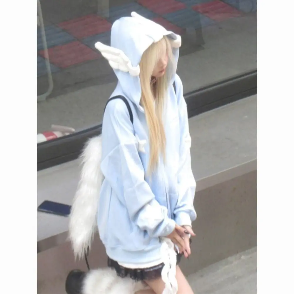 Sudadera japonesa con capucha de alas de Ángel con estampado de estrella linda de dopamina, abrigo creativo de estilo callejero de estilo americano de moda