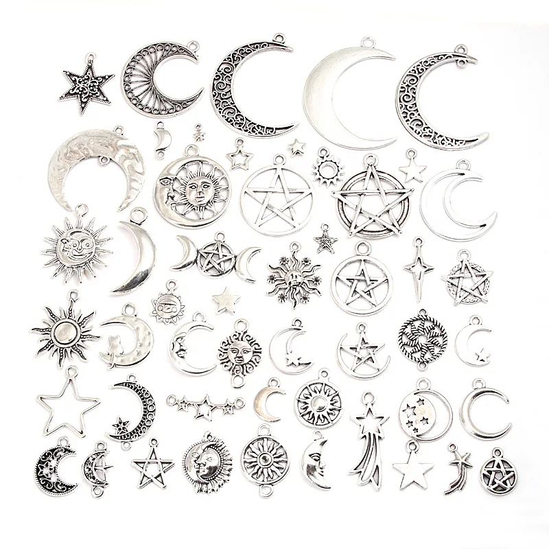 30pcs Random Mix Sliver Color Sun Moon Pentagram Charms Sky Star Pendants Jewelry Making DIY Handmade Craft Findings Accessories