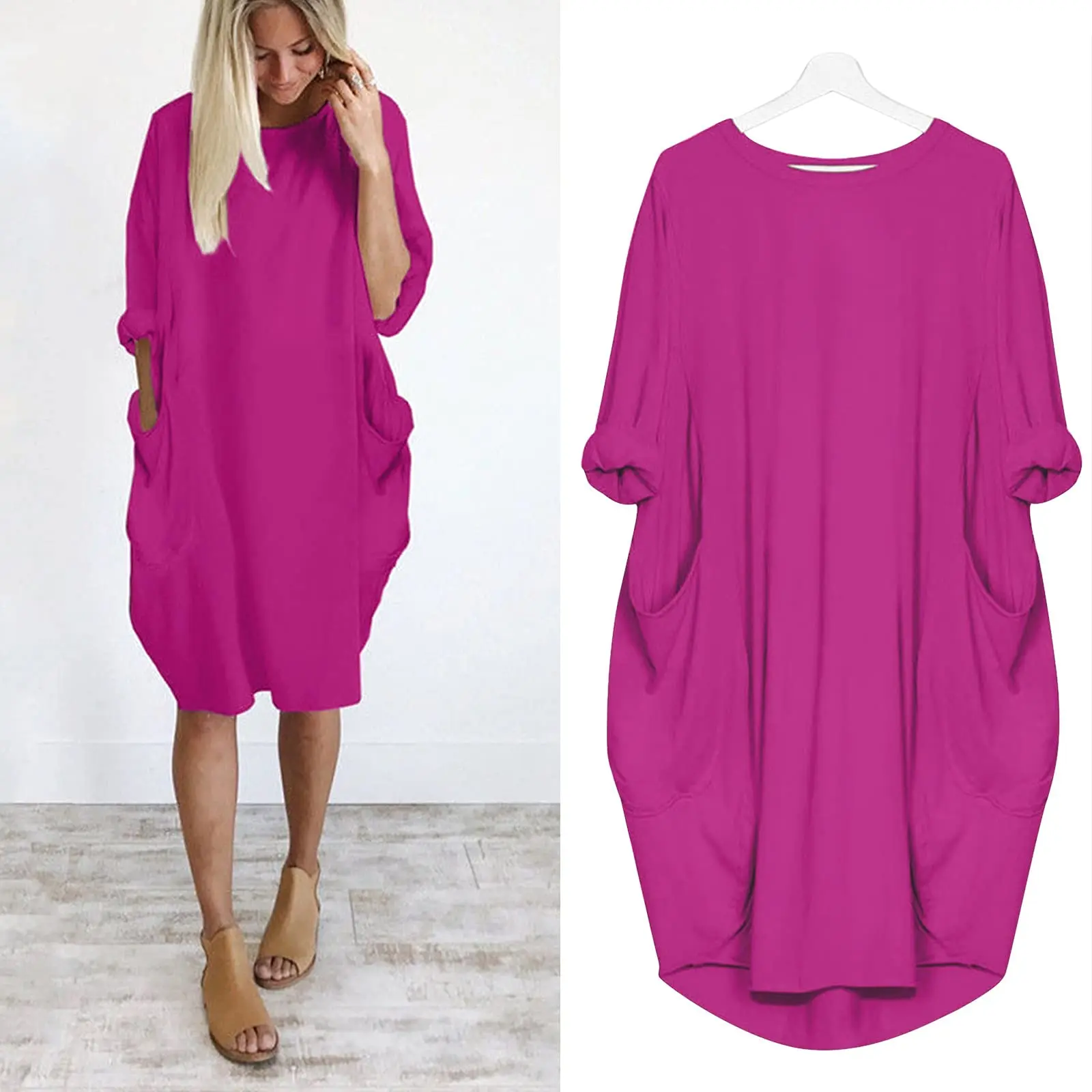 Women\'s Loose  Long Sleeved Summer Plus Size Pink color Dress