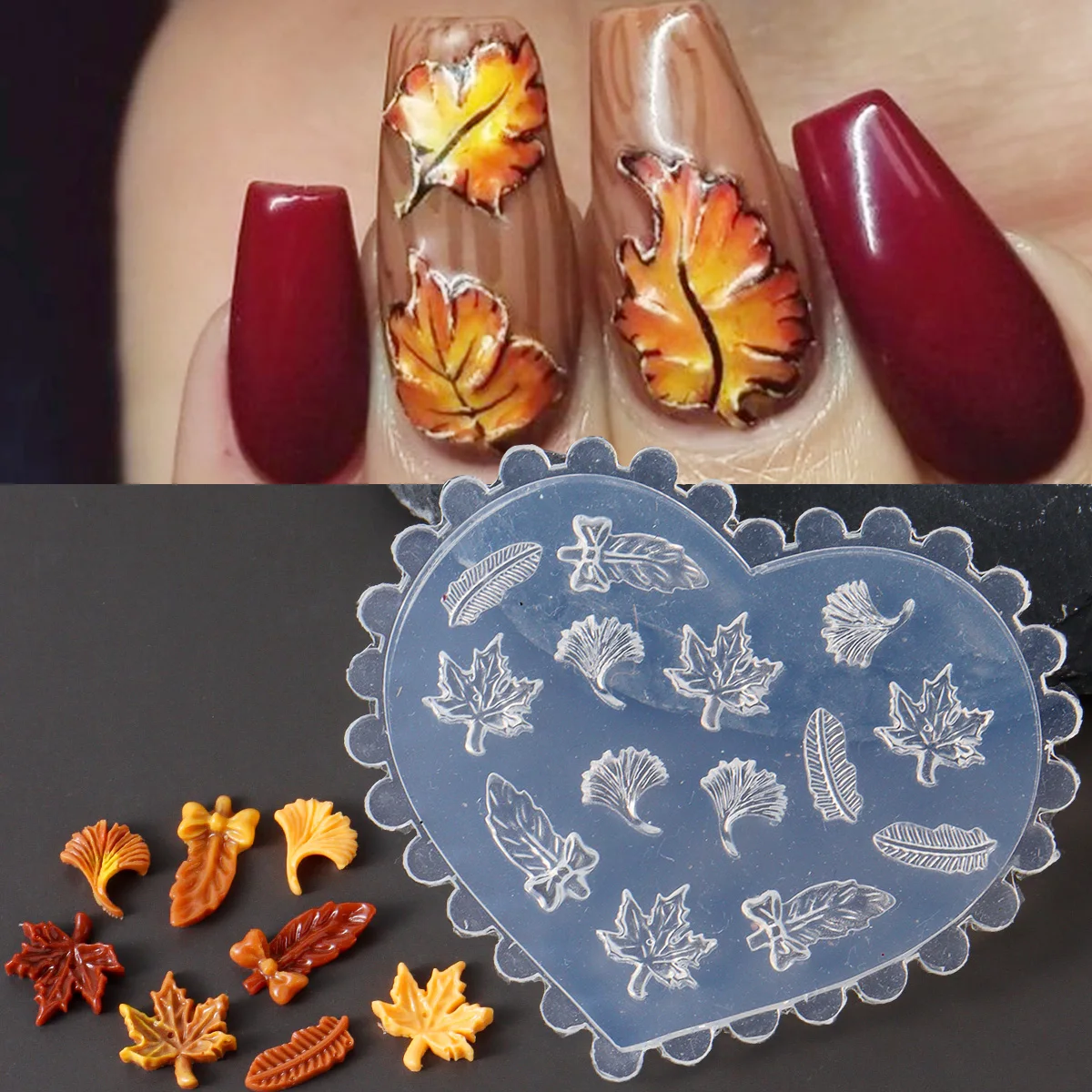 Ginkgo And Maple Leaf Shaped 3D Silicone Mold,Autumn Leaves Resin Nail Art Molds Yellow Leaves Nail Charms Templates Gel Polish