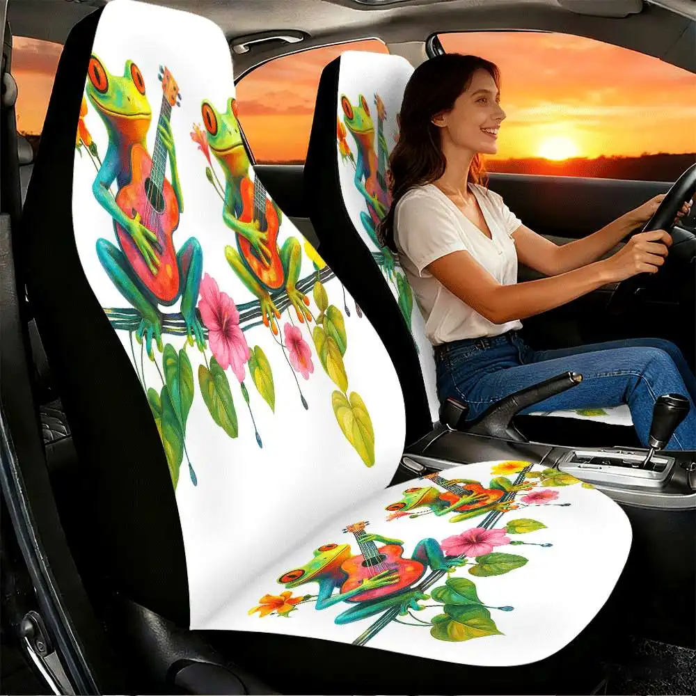 2pcs Colorful Guitar Playing Frogs Car Seat Covers | High Back Design, Polyester Material, Universal Fit For Cars, SUVs, And Tru