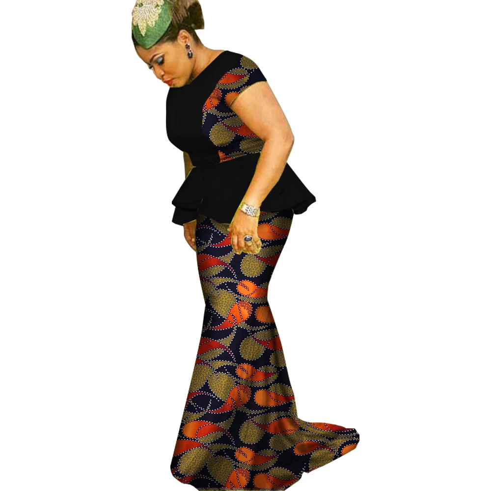 

Africa Style Outfits Set for Women Long Sleeve Ruffled Tops and Long Mermaid Skirt Plus Size Women Suits WY1856