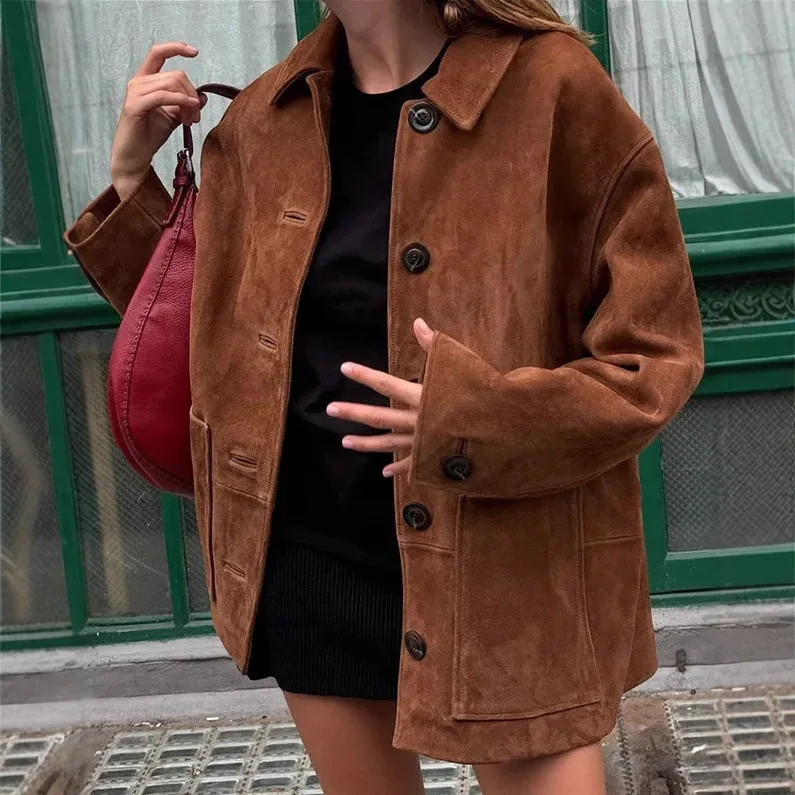 

New Autumn/Winter Casual Retro Long Sleeve Turn-down Collar Single Breasted Solid Color Loose Fit Jacket For Women