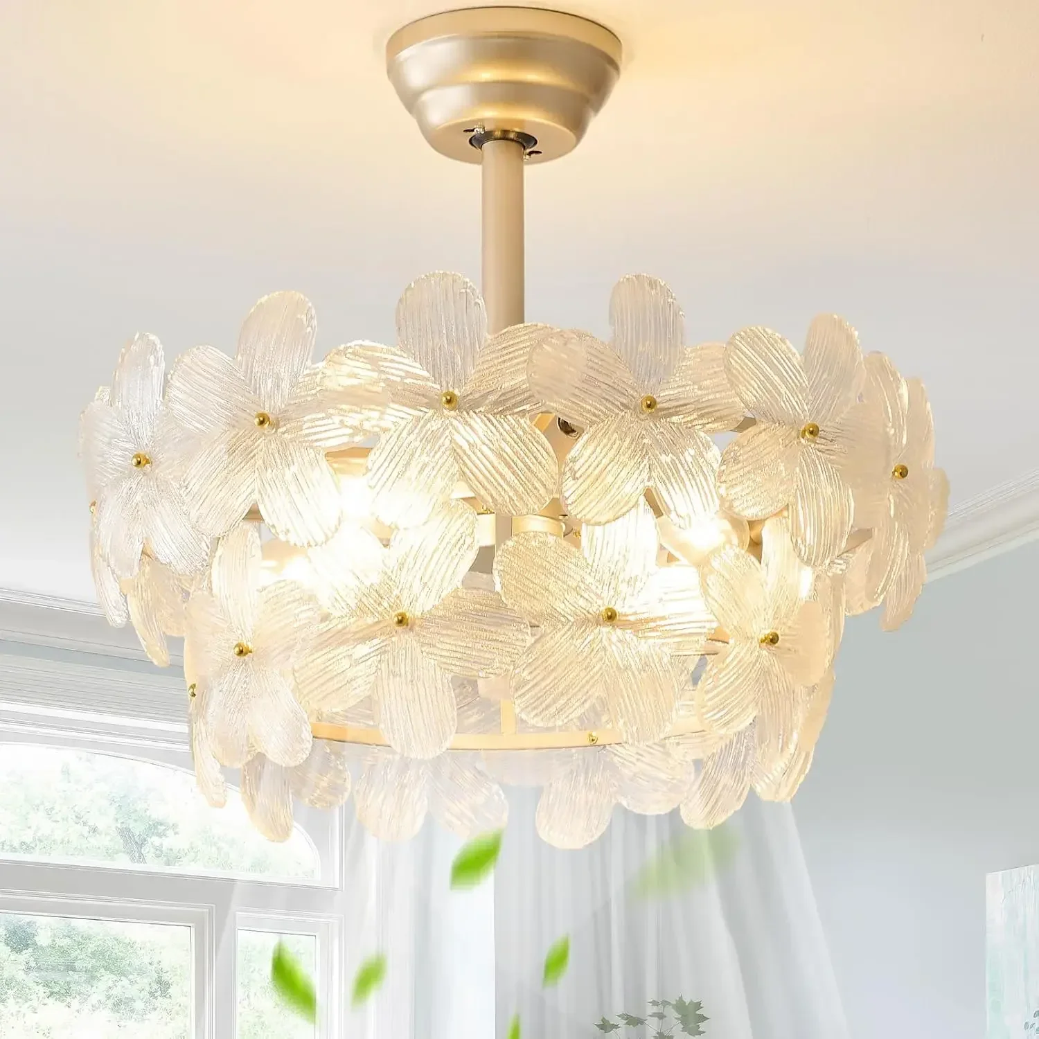 

Gold Crystal Fandelier Ceiling Fans with Lights, 20" Gold Flower Chandelier Ceiling Fan with Light Remote Control, Cage