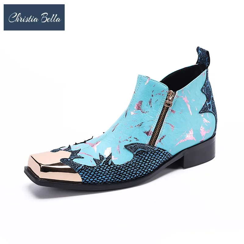

Fashion Metal Square Toe Men Short Boots Nightclub Party Evening Ankle Boots Plus Size Male Genuinen Leather Motorcycle Boots