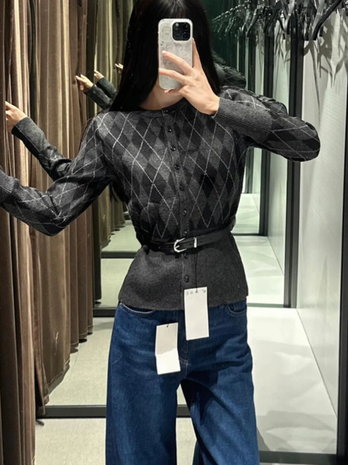 

Ay College Sle Женский вязаный свитер с застежкой на талии и ромбовидным узором Открытый кардиган Sweet Sle Thiened Long Sve