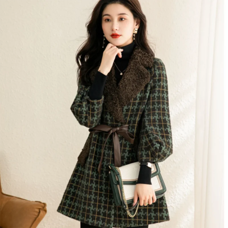 Frauen Wolle Mantel 2024New Herbst Winter gitter Woolen Jacke Frauen Koreanische Mittleren Alters Weibliche Mid Langen Mantel Windjacke Weibliche