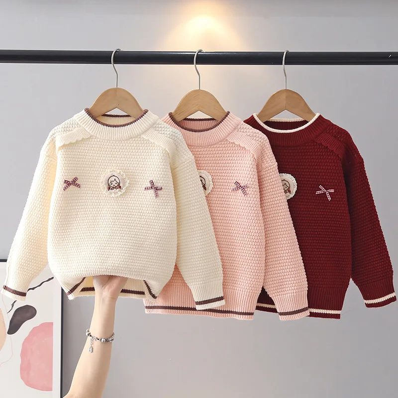 New Girls Plaid Butterfly-knot Sweater Sweet Lace Ruffles Little Girl Autumn Comfortable Soft Versatile Knitted Pullover JY07211