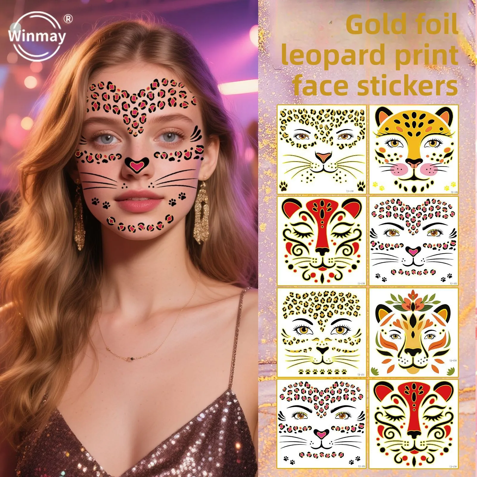 

Luxury Gold Foil Leopard Print Halloween Face Tattoo Stickers Waterproof Temporary Makeup Facial Decals