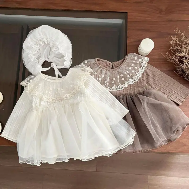 

2025 Autumn New Baby Girl Long Sleeve Gauze Dress Solid Infant Toddler Cute Lace Collar Princess Dress Girls Versatile Dress