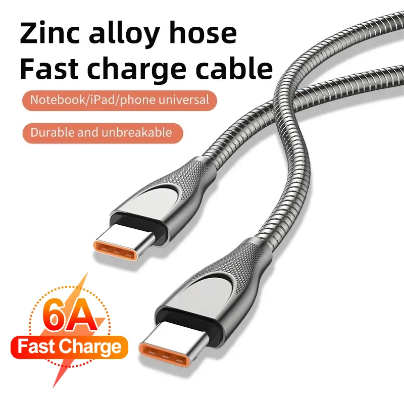 New Upgrade 100W Metal Charging Cable 480Mbps Data Cord 6A Zinc Alloy Stainless Steel Hose Cable Compatible With Samsung Xiaomi