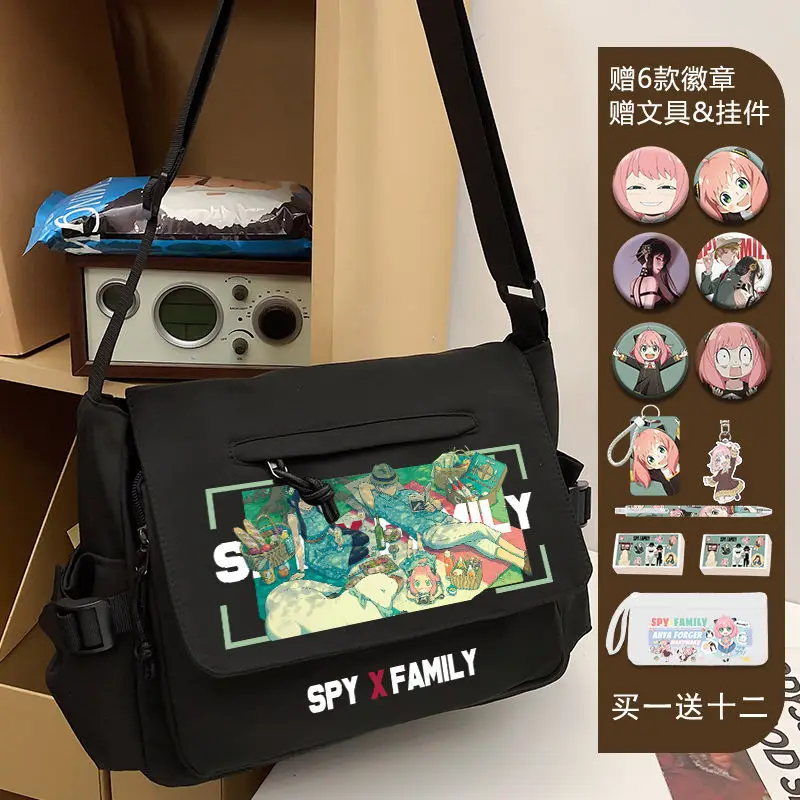 

Anime Spy Anya Forger Badges Shoulder Bag Handbag Black White Messenger Cartoon Front Zipper Crossbody