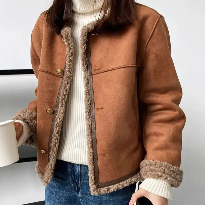 

Short Jacket Suede Lamb Fur Women Vintage Autumn Winter Padded Thickened Long Sleeve Outwear Camel Fashion Patchwork Coat