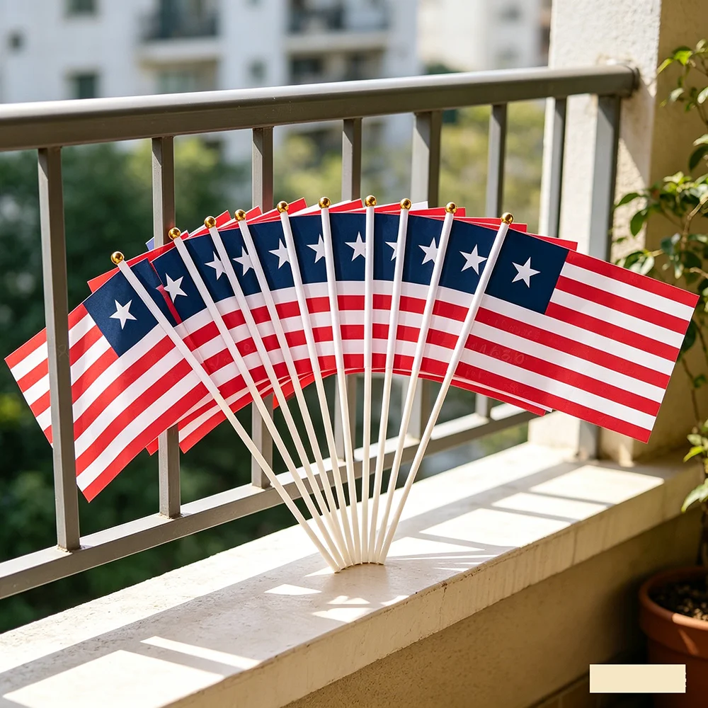 （TIKI FLAG）Liberia hand flag 14x21cm Polyester Fade-Resistance Liberia Hand Waving Flag with Plastic Flagpole for Events