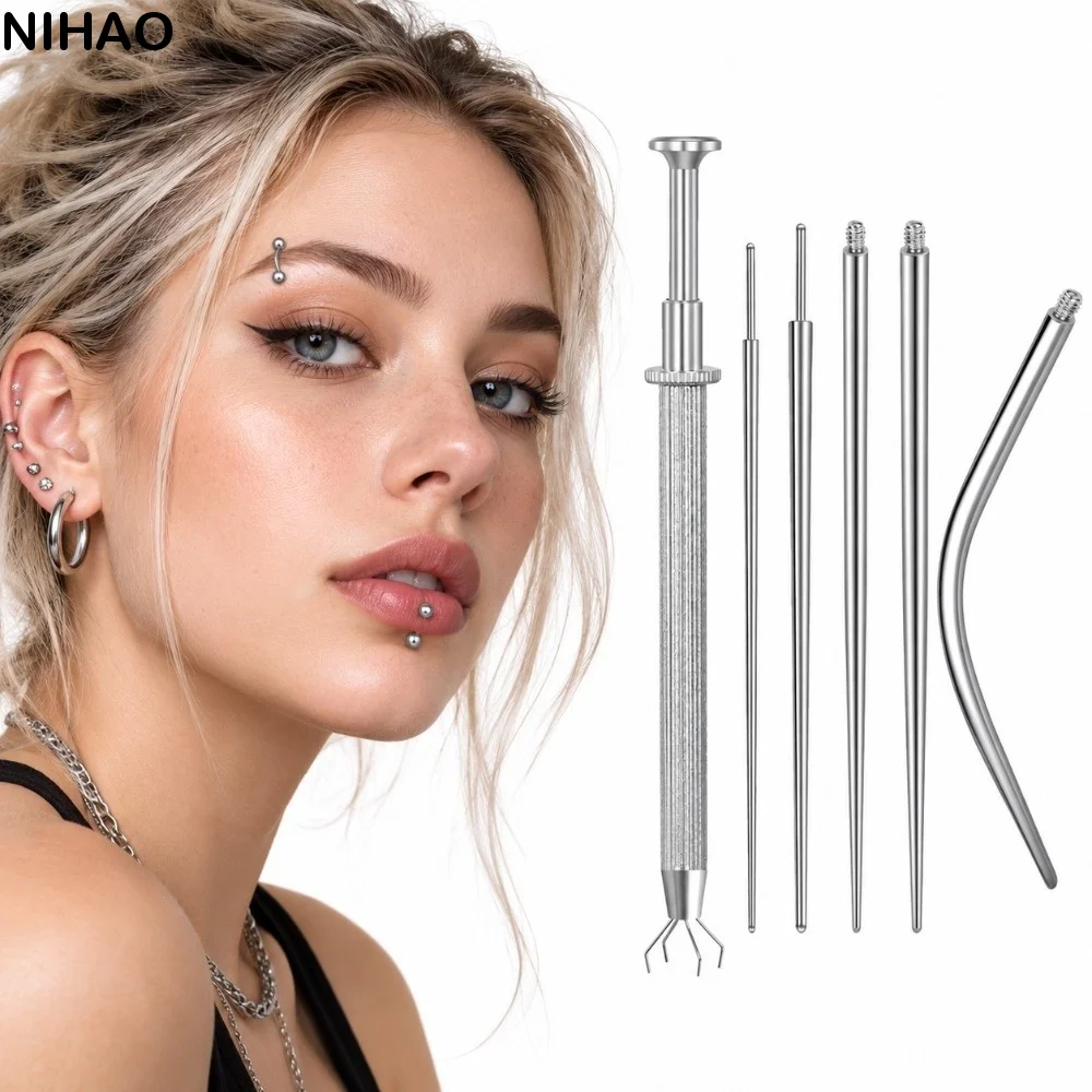 6/7pcs Stainless Steel Piercing Taper Tool Earring Applicator Professional Puncture Connecting Pin Straight/Curved Pole