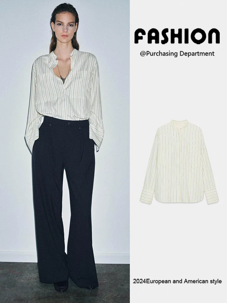 

Весенняя новинка: женская повседневная рубашка в полоску с длинным рукавом и воротником-стойкой, универсальная, элегантная, модная, трендовая.