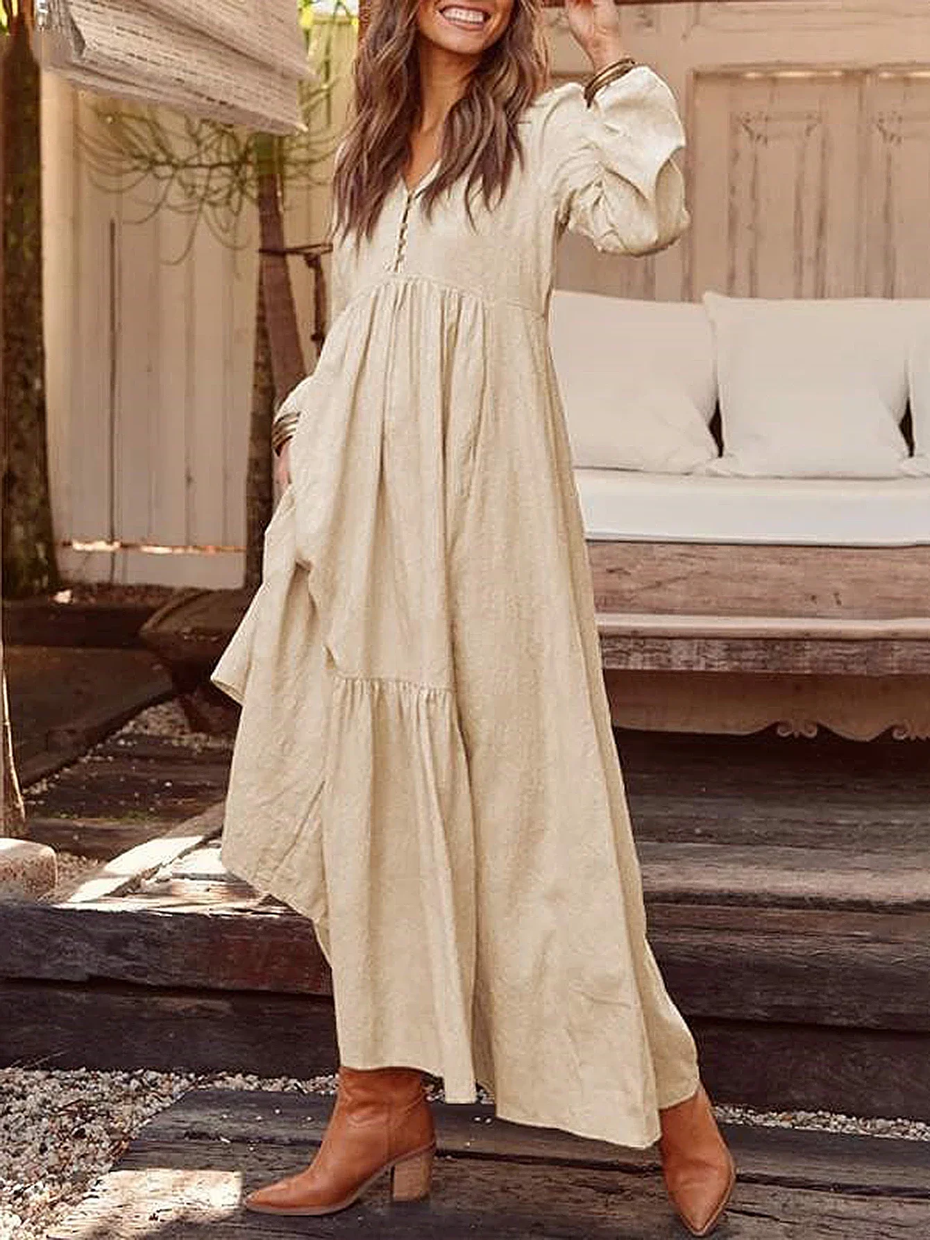 Herfst Midi-jurk met lange mouwen en V-hals voor dames Knoopdetail Effen kleur Casual Dagelijks Basic Lange jurken