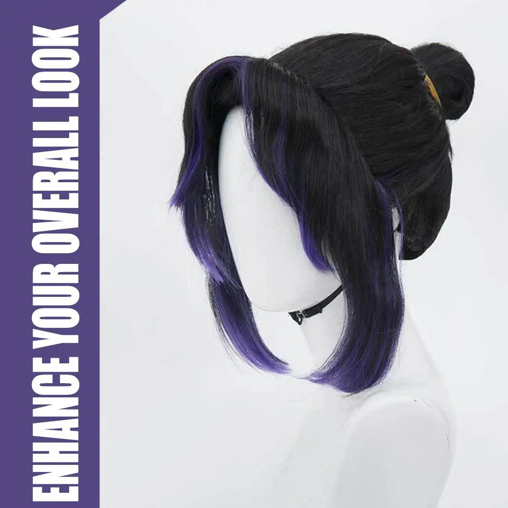 Para peluca de Cosplay de Anime, pelo sintético negro y morado para fiesta de disfraces de Halloween con gorro de peluca gratis + Clip de mariposa W5W1