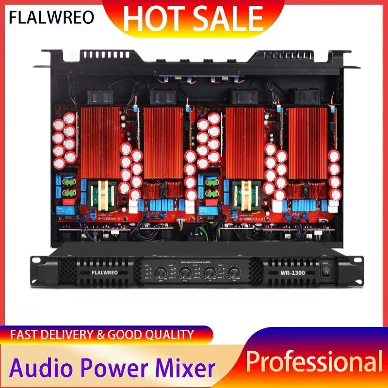 Amplificador de Potência Digital Profissional FLALWREO WR-1300, Amplificador de Potência de Quatro/Dois Canais para Grandes Conferências, Palcos Domésticos, Alta Potência
