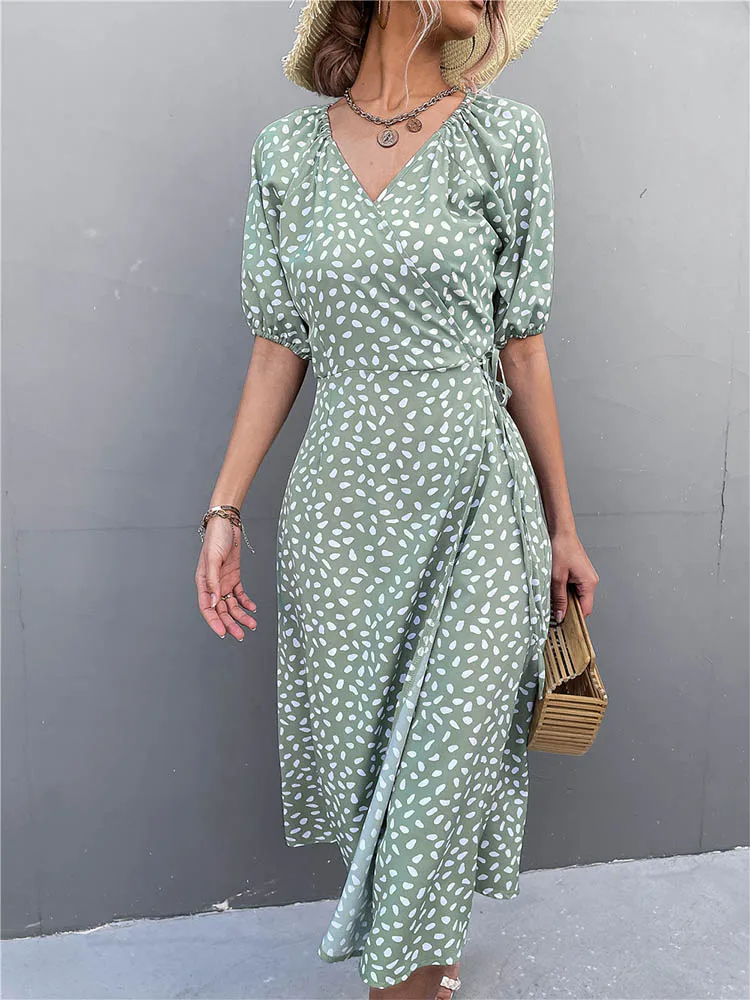 

Casual Women Chiffon Dress V Neck Side Wrap Midi Dress Summer Polka Dot Dress Female Puff Sleeve Boho Fashion A-line Split Dress