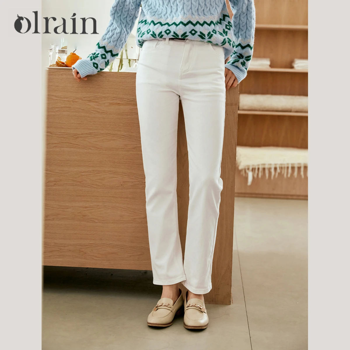 OLrain blanc jean pour femmes 2025 automne décontracté taille haute pantalon banlieue coton jambe droite femme Denim pantalon WN56QA93303