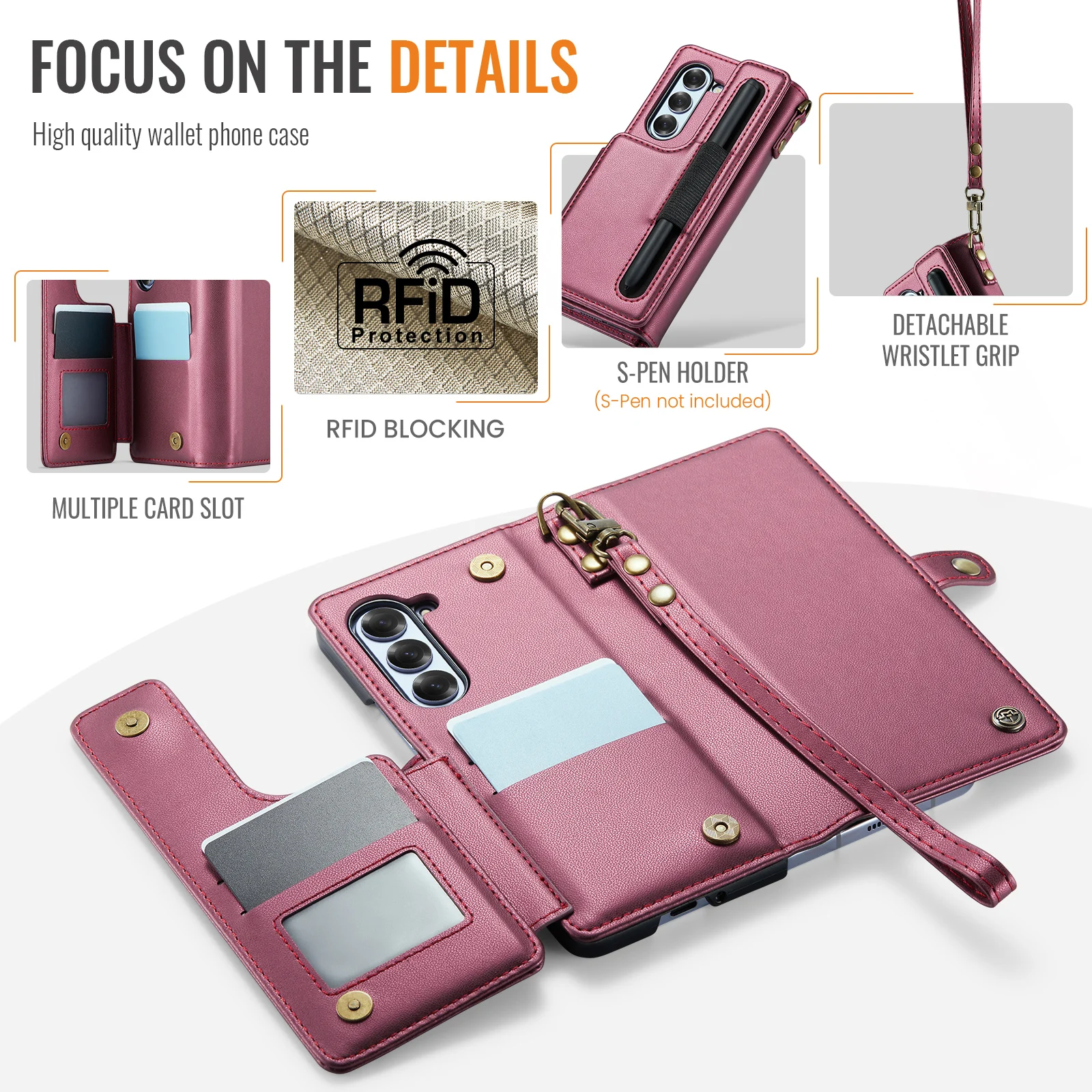 For Samsung Galaxy Z Fold 6 Phone Case with RFID Card Slots Kickstand Flip Leather Wallet Cover with S Pen Holder & Lanyard