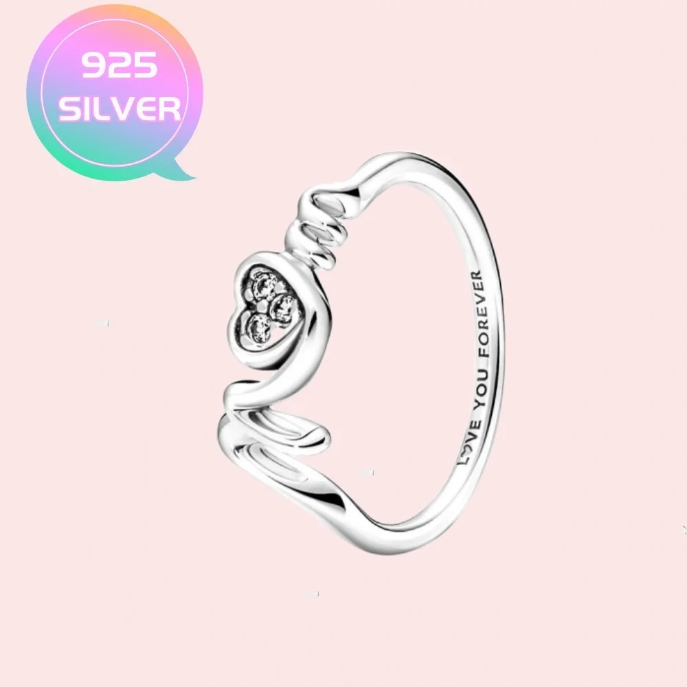 925 Sterling Silver Ring Fit for Pandora Original Charm  “Mom” Pavé Heart Rings Jewelry For Women