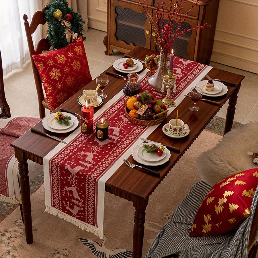 1pc Christmas Elk Table Runner Living Room Dining Room Rectangular Gift Box Tablecloth Napkin Table Cloth,Suitable for Household