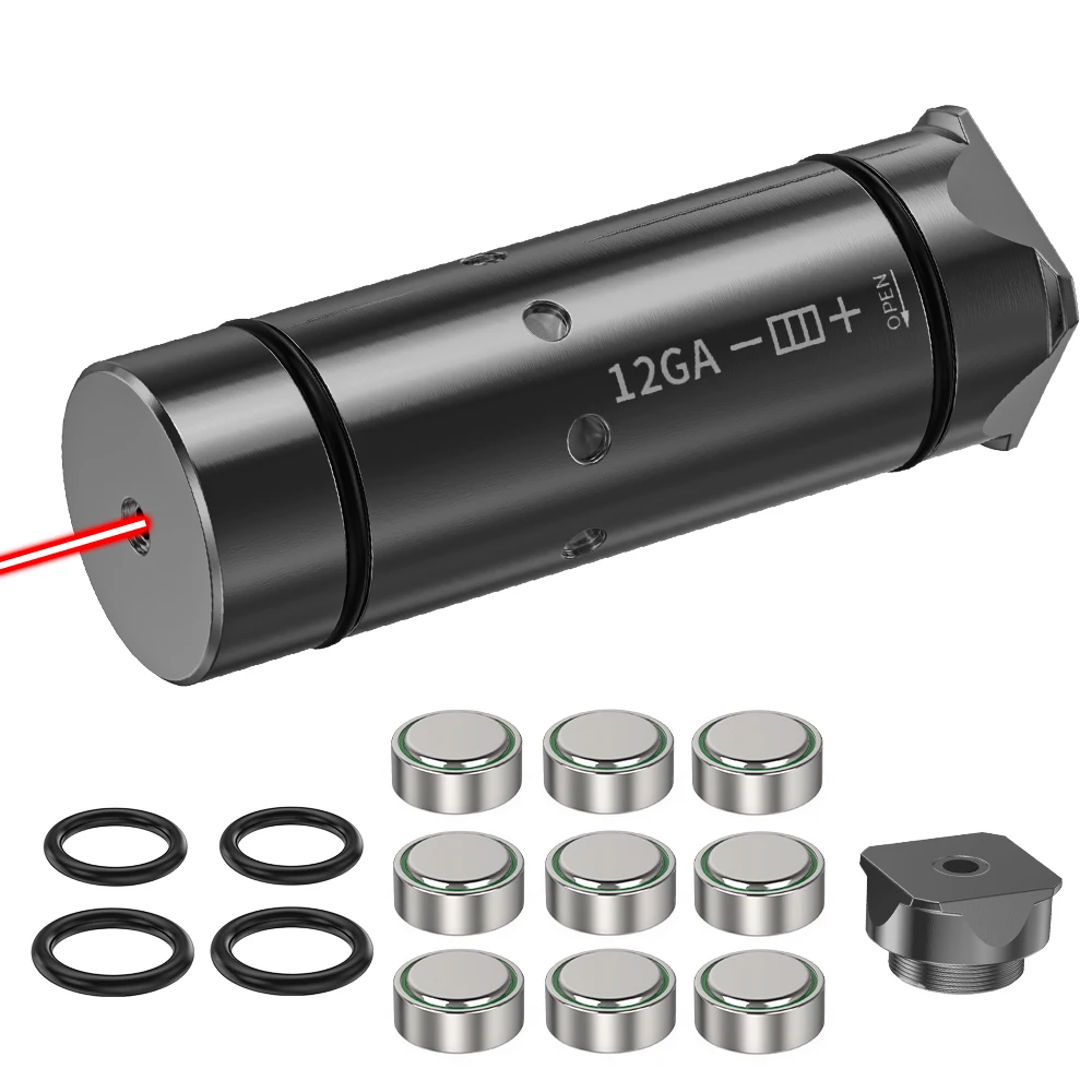 12GA Red Laser Dry Fire Training Cartridge, Brass Reusable Laser Trainer with Extra Switch, O-rings and Batteries for Aim Practice.