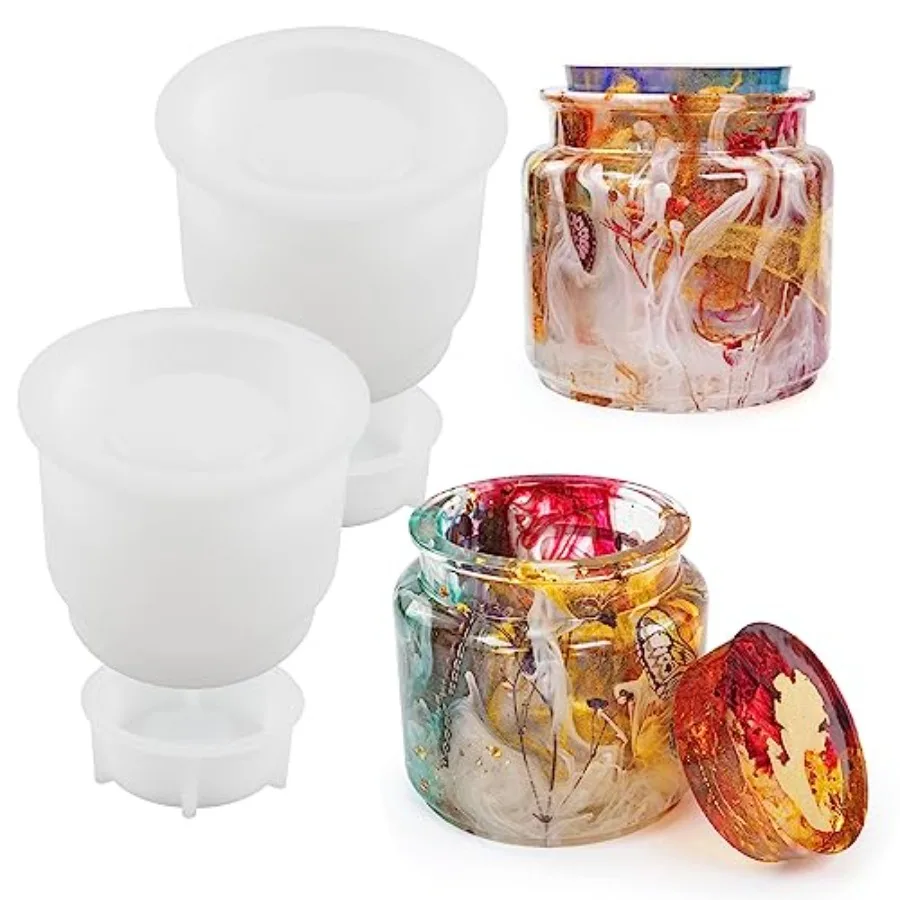 2PCS Jar Resin Mold Set with Lids, Silicone Storage Box Mold for Jewelry Box Candle Holder Trinket Candy Container, DIY Floral