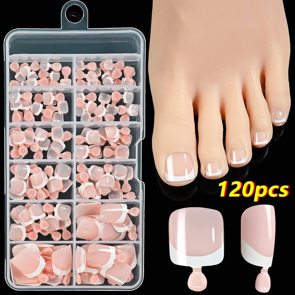 120 Stück/Box Französische Spitze zum Aufdrücken von Zehennägeln, rosa Farbsystem, quadratische Fußnägel, kurze Länge, glänzende Oberfläche, falsches Zehennägel-Set