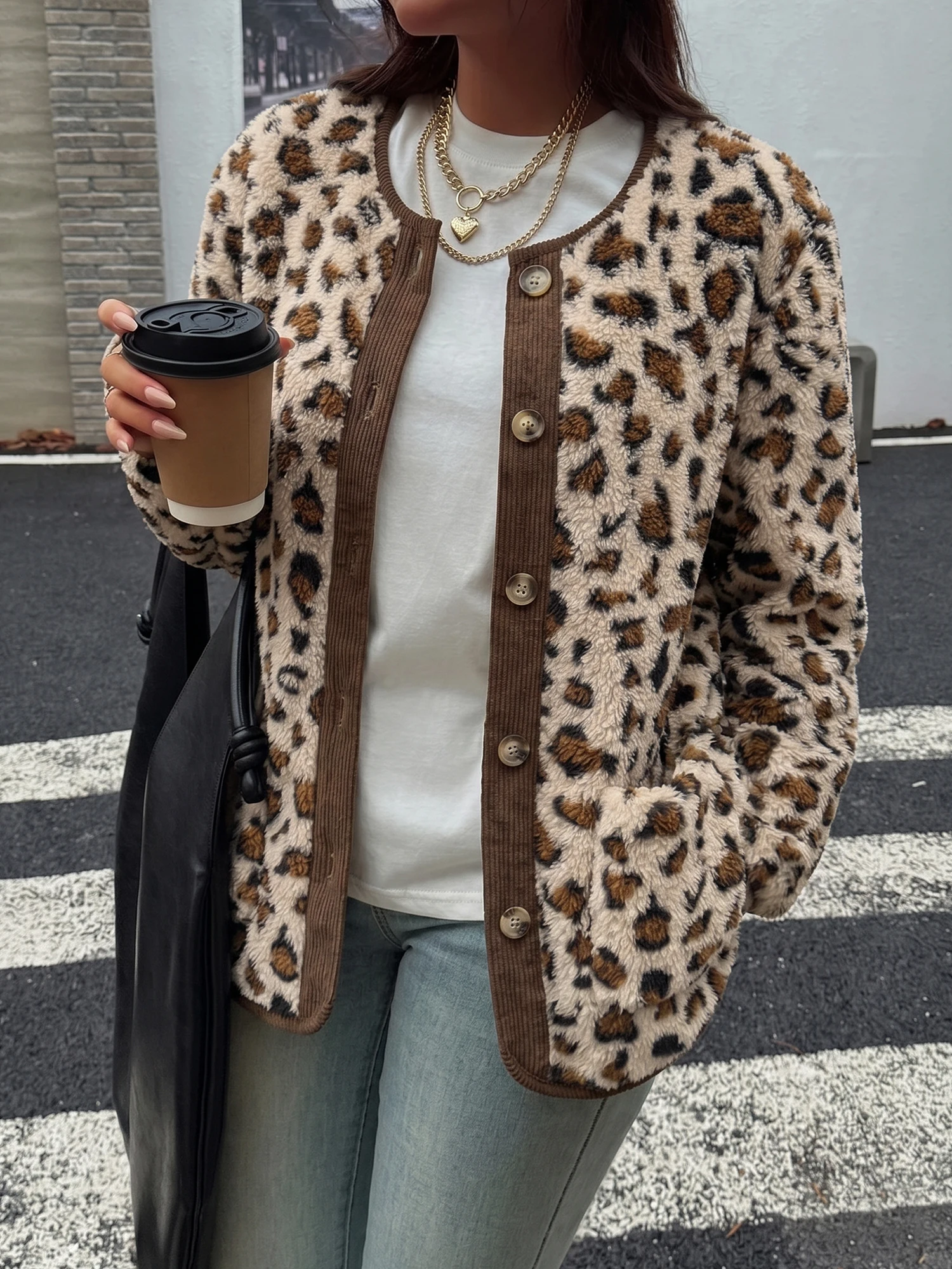 Women's Leopard Print Jacket - Collarless button-down front, contrasting trim, comfortable fleece cardigan