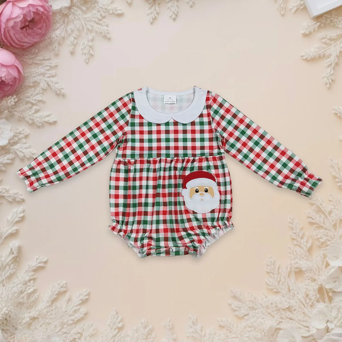 

Hot Sale Newborn Rompers Kids Clothes Embroidery Santa Baby Girl Red Green Checked Ruffle Collar Long Sleeve Jumpsuit 0-2years