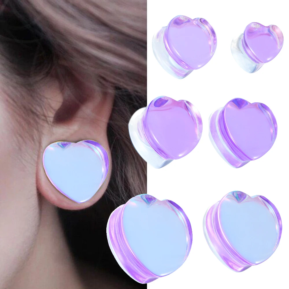 1-2PCS Transparent Purple Heart Glass Ear Tunnel&Plugs Fashion Solid Piercing Strengthed Ear Weight Expander Gauges Body Jewelry