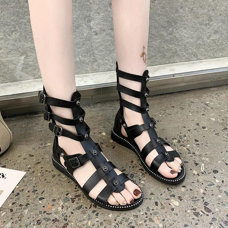 Dames Zomerlaarzen Luxe Kunstmatige Lederen Casual Enkelschoenen Voor Vrouwen Trend 2024 Comfortabele Zwarte Outdoor Mode Sandalen