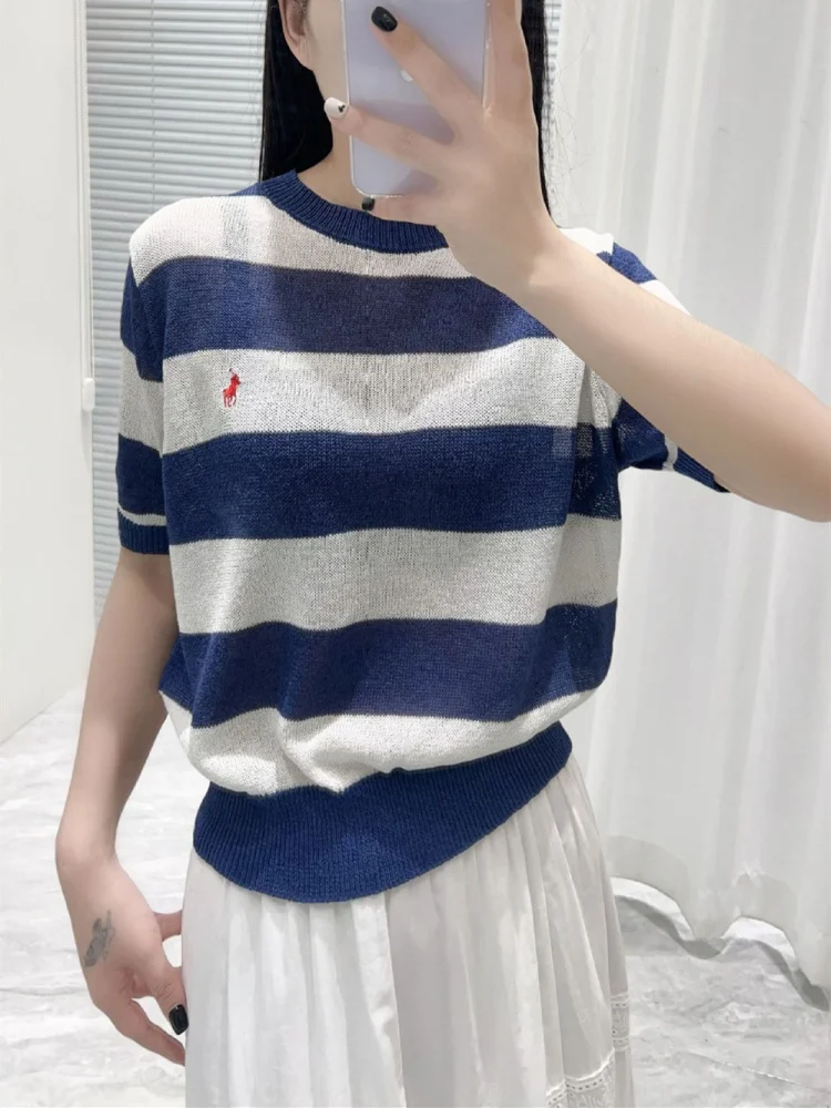 

High-End Version American Sle Summer Stripe Embroidery round Ne ort Sve Knitted Top Age-Defng Versatile Casual irt