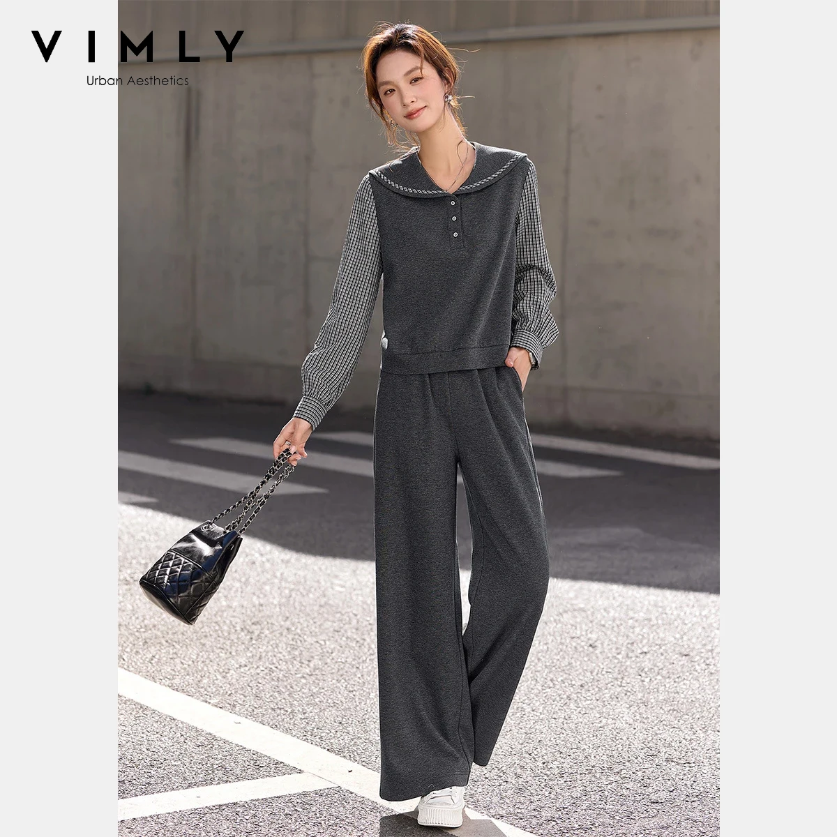 

VIMLY Women's 2 Piece Sweatshirt Set 2026 Spring New Dark Gray Plaid Patchwork Top Casual Trousers Commute Women's suit A3688