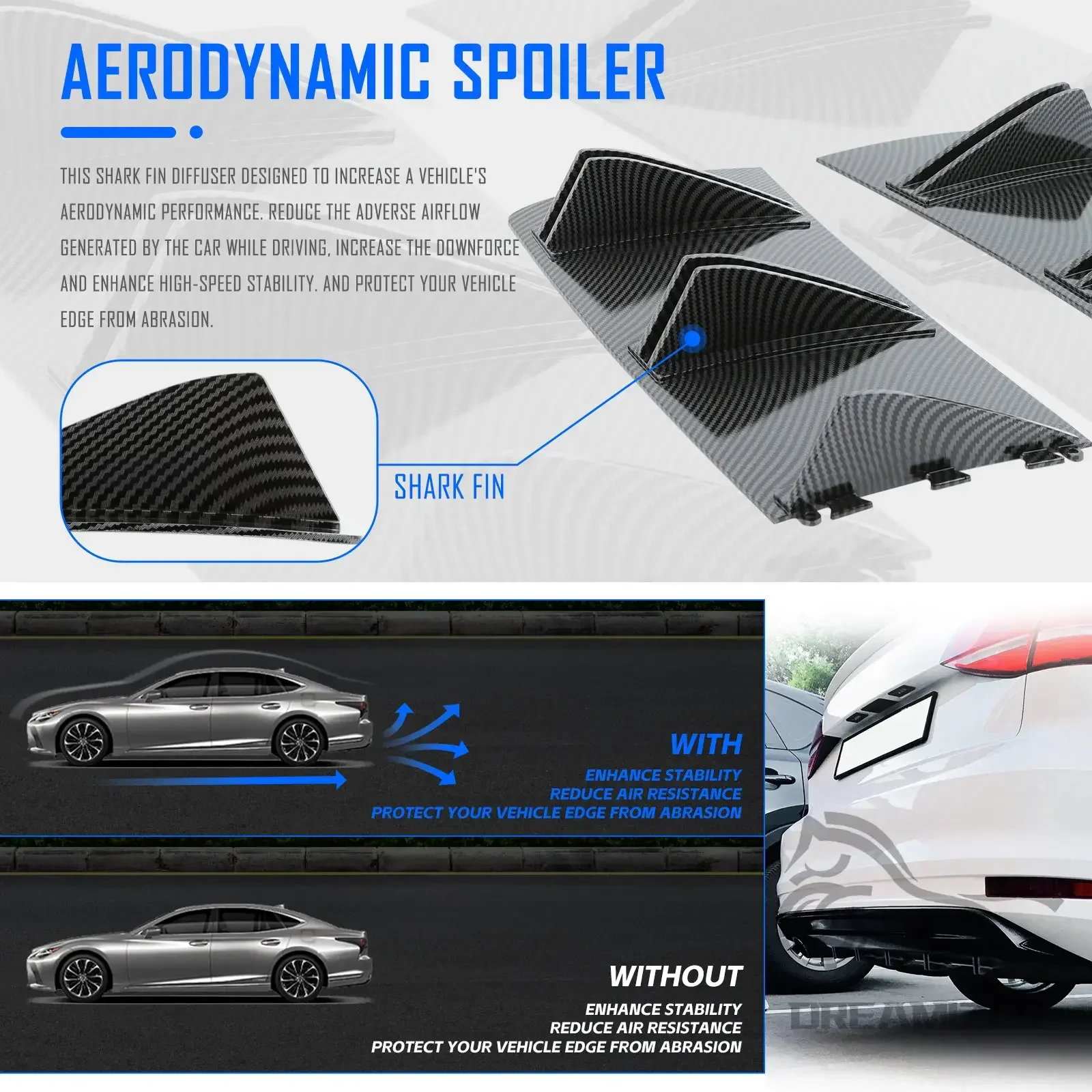 2pcs Universal 10 Fins Rear Shark Chassis Fin Style Curved Bumper Lip Diffuser For Audi A3 A4 A5 A6 Spoiler Car Rear Bumper Lip