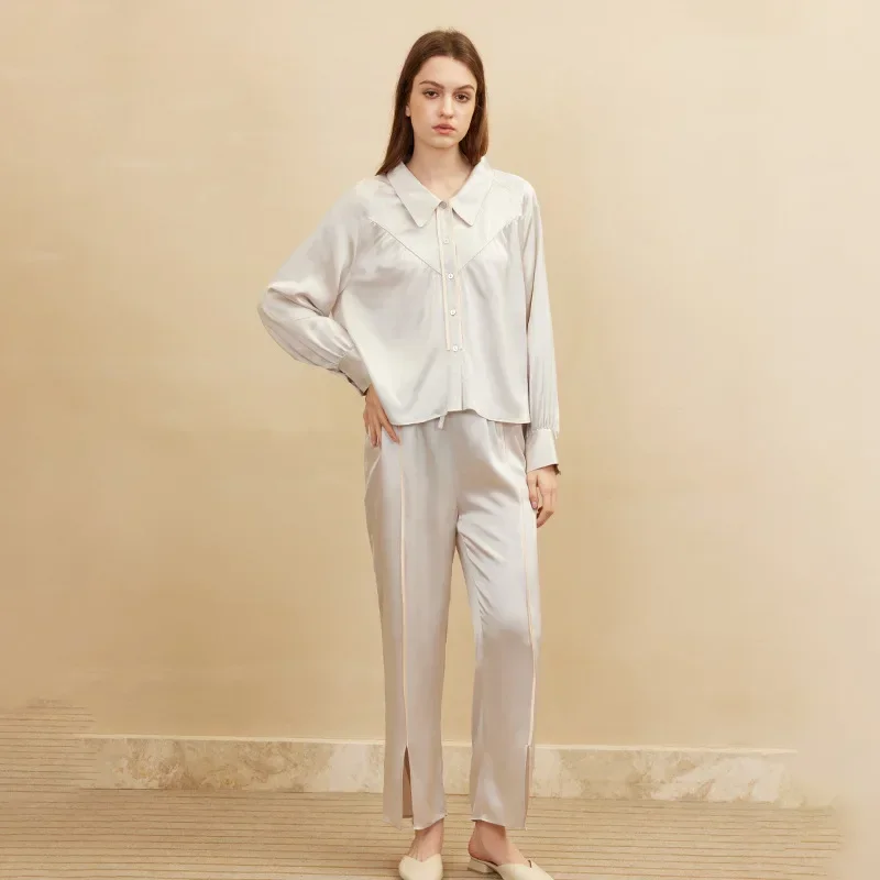 

19 Momme 100% Mulberry Silk Women's Pajamas Homewear Solid Long Flare Sleeve Cardigan Top & Trousers Two Piece Pajama Sleepwear