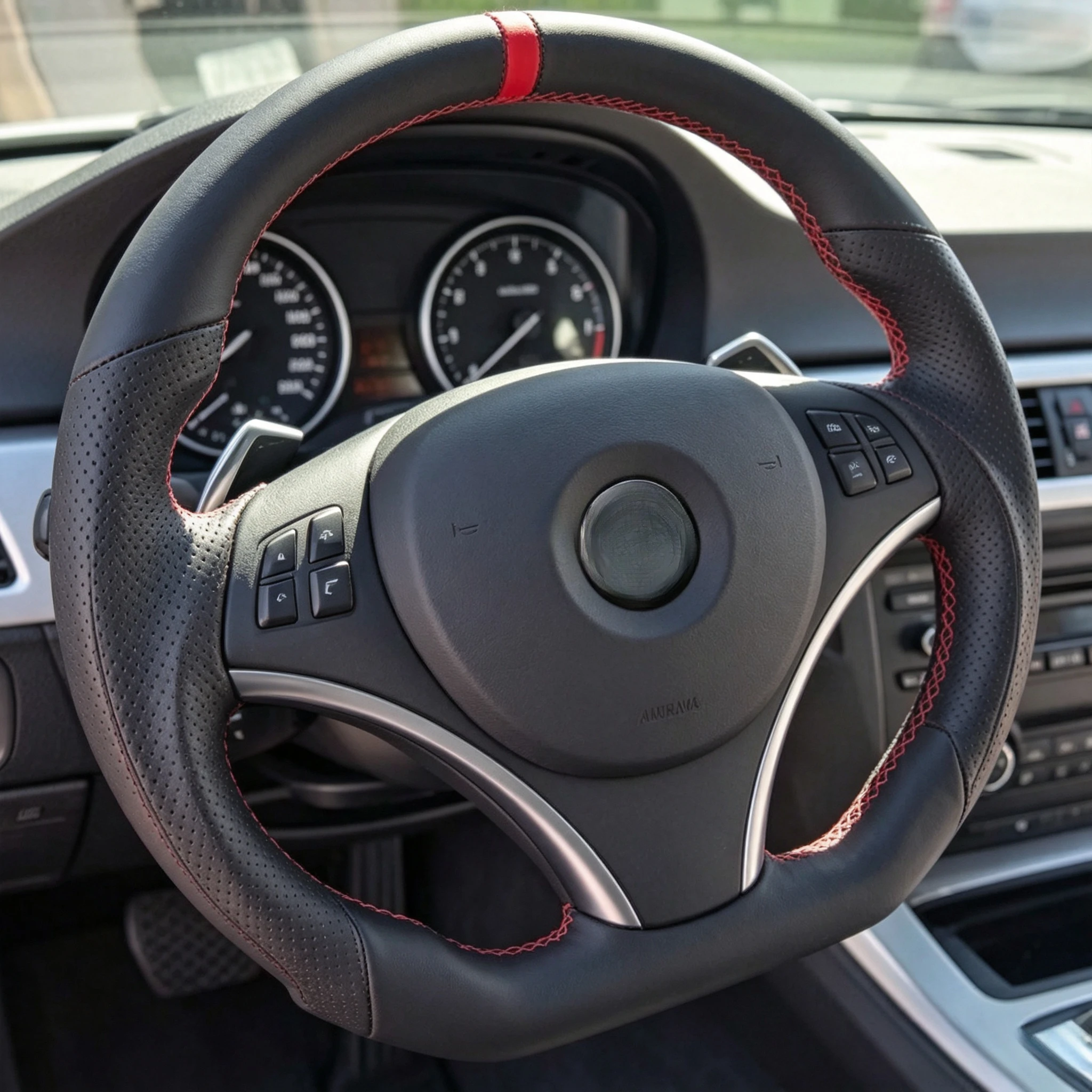 Full Leather Steering Wheel With Paddle Holes For BMW E90 E91 E92 E93 E89 328i 335i 325i 2005-2012 Flat Bottom Car Accessories