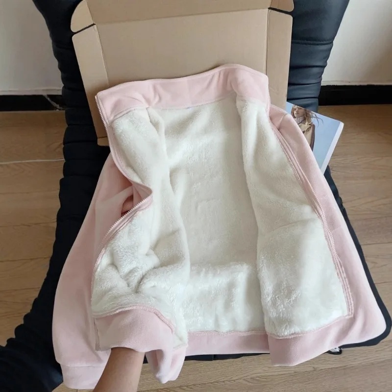 

American Fashion Warm Inner Fleece Jacket for Women's Autumn and Winter New Item Solid Color Casual Hoodie Thick
