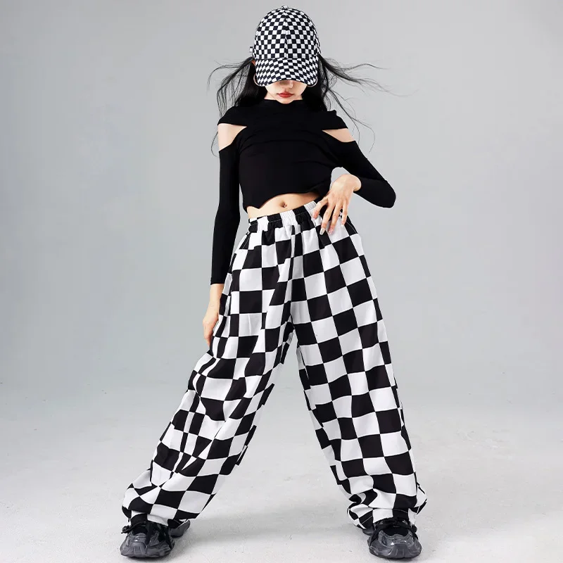 Mädchen Hip Hop Off Schulter Crop Top Plaid Jogger Hosen Kleidung Kinder Streetwear Sets Kinder Jazz Street Dance K-pop kostüm