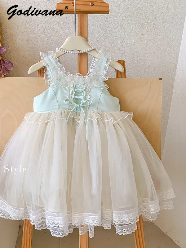 Baby Girls Sweet Tulle Lolita Princess Dress 2026 Summer New Kids Lace-up Mesh Tutu Sundress Lace Trim Birthday Party Ball Gown
