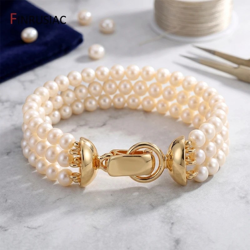 14K Gold Plated Brass 3-Row Flared Pearl End Clasps,Wide Bowl Shape Multi-Strand Lock Connectors for DIY Jewelry Making Findings