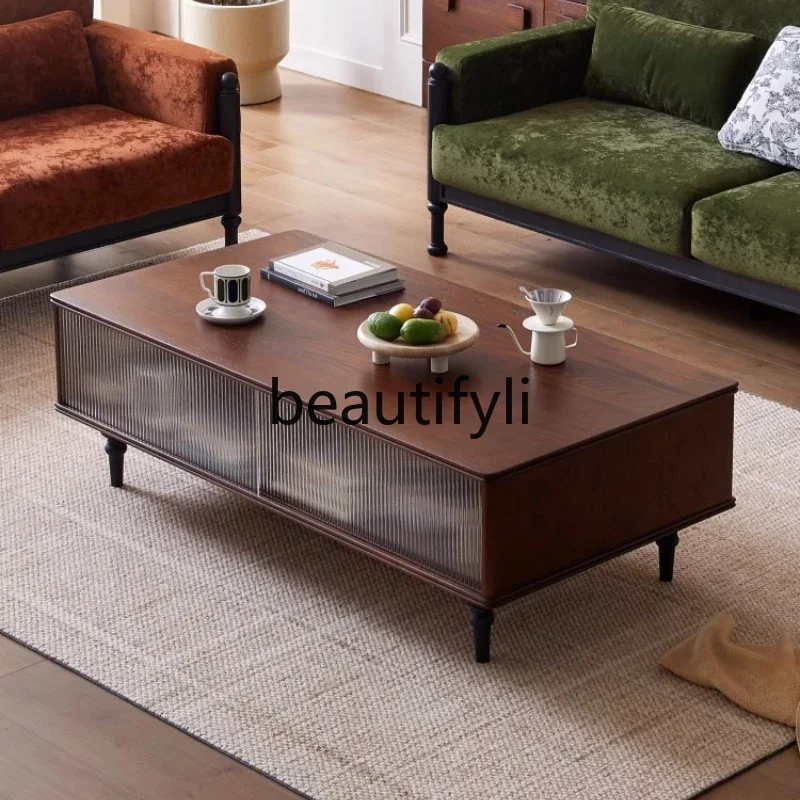 

Medieval solid wood coffee table new living room French retro home rectangular glass low table