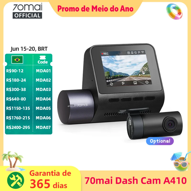 70mai Dash Cam A410 Frente 1440P Traseiro 1080P Carro DVR Atualizado Ver. de 70mai A400 Gravador de carro 24H Suporte para modo de estacionamento máximo 256 GB