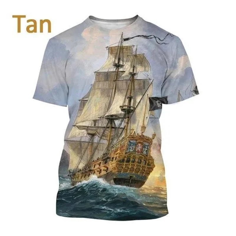 New 3D Printing Pirate Ship Print T-shirts Men\'s Casual Short-sleeved Personality Cool Street Style T Shirt Top Oversized Tees