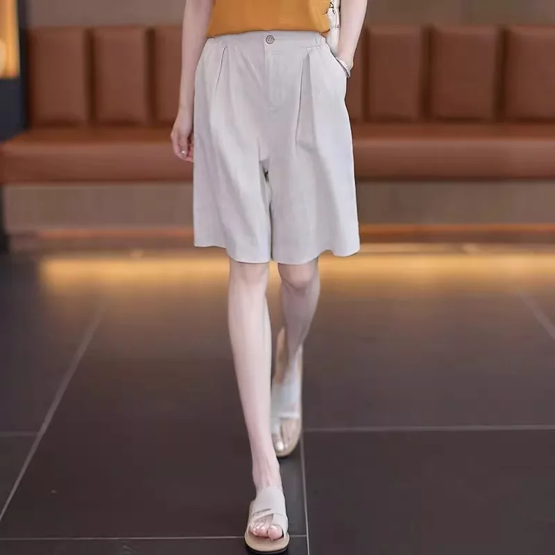 

Льняные шорты с высокой талией и эластичной резинкой на талии, летние легкие струящиеся шорты для женщин