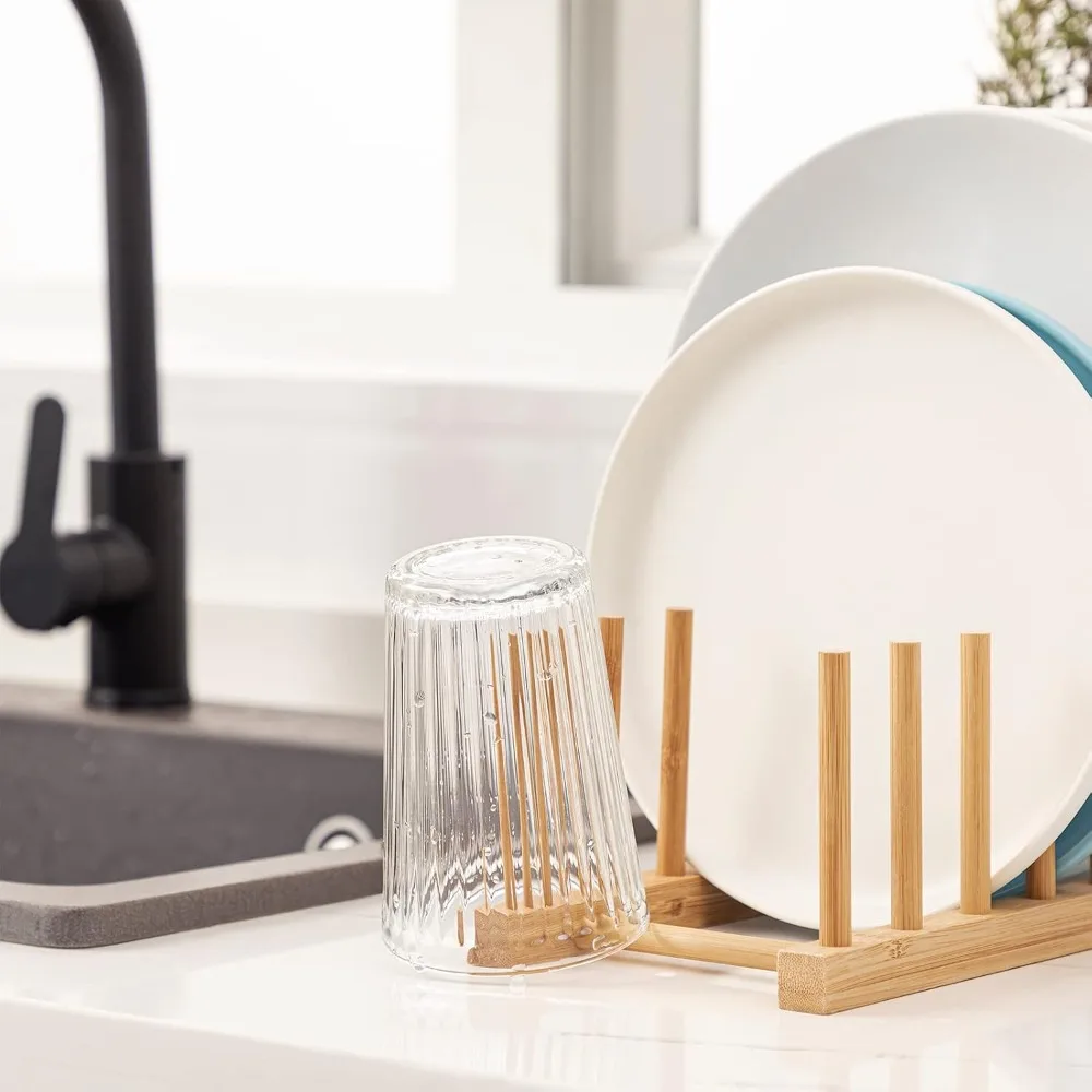2-Pack Bamboo Kitchen Organizer Set with Adjustable Dish Drying Rack, Plate Bowl Cup Holder, Cutting Board Storage, Pot Lid Stand, and Drainer for Countertop Cabinet, Space-Saving Multifunctional Home Kitchen Accessories - view 3